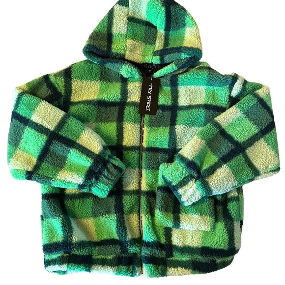 Dolls Kill Jackets & Blazers - Nwt Delias Funky N' Fresh Green Plaid Teddy Jacket Medium
